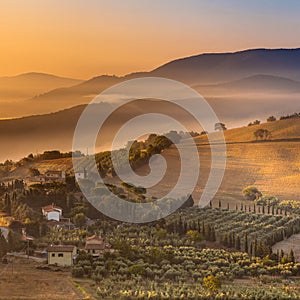 Detail of Tuscan village in Morning Fog