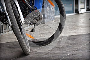 Detail of two modern bicycle wheels