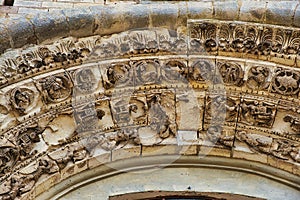 Detail of the tympanum of the medieval church of Notre Dame-Saint Lazare in Avallon, France