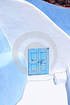 Detail of the typical blue and white house in Oia, Santorini isl