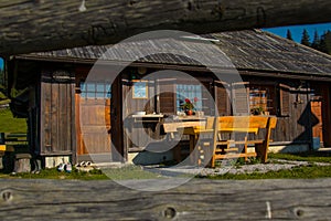 Detail of typical wooden houses or cottages on the Velika planina plateau in Slovenia on a hot sunny summer day with clear blue