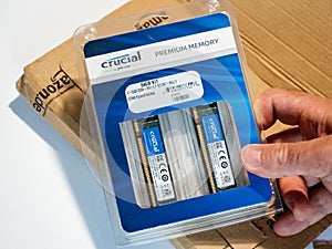 Detail of unboxed parcel with Crucial RAm memory