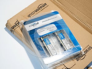 Detail of unboxed parcel with Crucial RAm memory