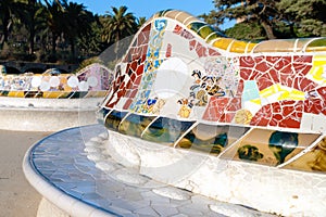 Detail of the unduladed bench in the park Guell, Barcelona