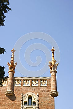 Detail of the upper part of a building in the hospital complex of the Hospital de la Santa Creu i Sant Pau in Barcelona