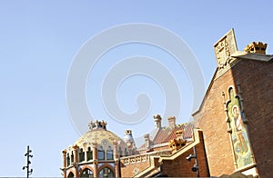 Detail of the upper part of a building in the hospital complex of the Hospital de la Santa Creu i Sant Pau in Barcelona