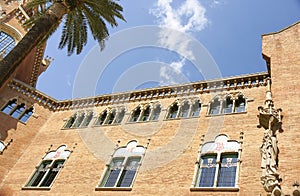 Detail of the upper part of a building in the hospital complex of the Hospital de la Santa Creu i Sant Pau in Barcelona