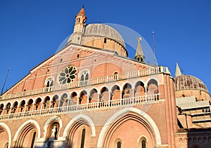 Detail of the upper part of the facade and the right side of the Basilica of Sant`Antonio in Padua with angel playing the trumpet