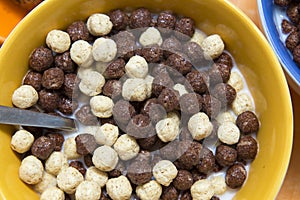 Detail of vanilla and chocolate cereal balls in a bole photo