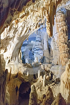 Detail of various stalactites in the cave