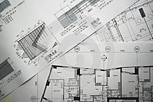 Detail view of architectural and structural construction drawings.