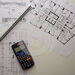 Detail view of architectural and structural construction drawings with designer tools.