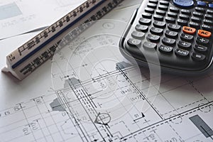 Detail view of architectural and structural construction drawings with designer tools.