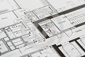 Detail view of architectural and structural construction drawings with designer tools.