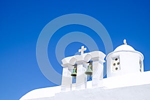 Detail view of bells and roof of traditional Greek cycladic chur