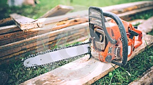 Detail view of chainsaw, construction tools, agriculture details. Gardening equipment