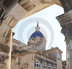 Detail view of Dubrovnik Old Town with church tower framed