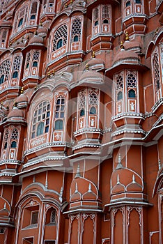 Detail view of exterior. Hawa Mahal or Palace of Winds. Jaipur. Rajasthan. India