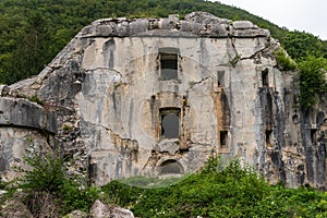 Detail view on Fort Hermann. Crumbling World War I Fortress near Mount Rombon. Bovec, Gorizia, Slovenia