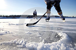 detail view of hockey sticks and puck on an ice field