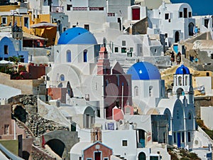 Oia Village Houses and Blue Domed Churches, Santorini, Greece