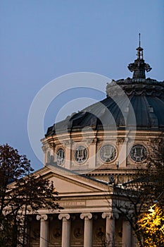 Detail view over the Romanian Athenaeum or Ateneul Roman, in the center of Bucharest capital of Romania