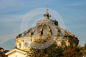 Detail view over the Romanian Athenaeum or Ateneul Roman, in the center of Bucharest capital of Romania