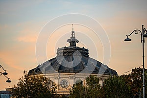 Detail view over the Romanian Athenaeum or Ateneul Roman, in the center of Bucharest capital of Romania