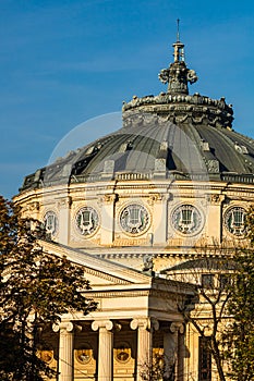 Detail view over the Romanian Athenaeum or Ateneul Roman, in the center of Bucharest capital of Romania