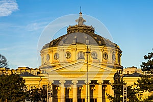 Detail view over the Romanian Athenaeum or Ateneul Roman, in the center of Bucharest capital of Romania