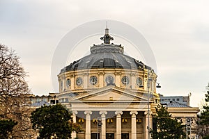 Detail view over the Romanian Athenaeum or Ateneul Roman, in the center of Bucharest capital of Romania