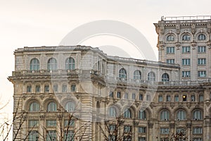 Detail view of the Palace of Parliament Palatul Parlamentului in Bucharest, capital of Romania, 2020