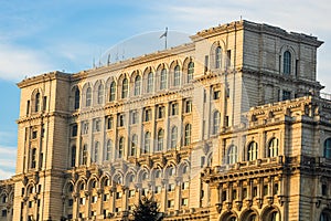 Detail view of the Palace of Parliament Palatul Parlamentului in Bucharest, capital of Romania, 2020