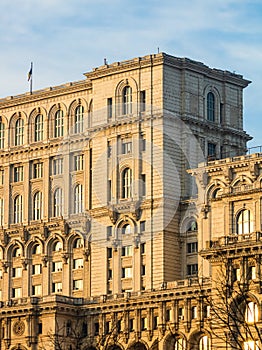 Detail view of the Palace of Parliament Palatul Parlamentului in Bucharest, capital of Romania, 2020