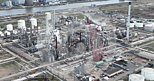 Detail view of petrochemical complex of factories in the Moerdijk port and industrial area. Birds eye aerial drone view