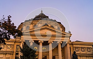 Detail view of the Romanian Athenaeum or Ateneul Roman, at evening light, a landmark in the Old Town of Bucharest, Romania, 2020