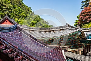 Detail view on Roof of Buildings inside korean Buddhist Temple complex Guinsa. Guinsa, Danyang Region, South Korea, Asia