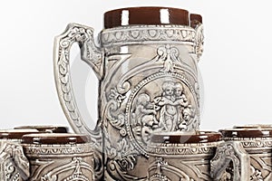 Detail view of set of beer mugs