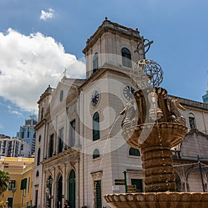 Detail view on SÃ© Cathedral de Macau and fountain. SÃ©, Macao, China, Asia