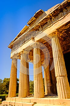 Detail view of temple of Hephaestus in Ancient Agora, Athens