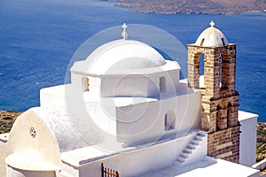 Detail view of traditional Greek cycladic church in Plaka villag