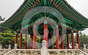 Detail view of traditional korean Bell Pavilion in the Yongdusan Park. Jung-gu, Busan, South Korea, Asia