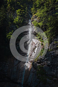 Detail of Waldbachstrub waterfall in Austria alps mountain near Hallstatt city