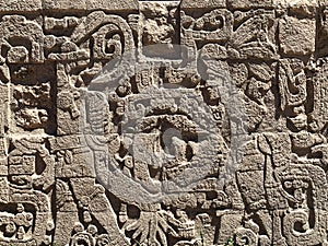 Detail of wall carving in ancient mayan ruins of Chichen Itza, Yucatan peninsula Mexico