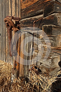 Detail of wall and harness clamp on old log barb