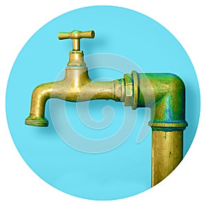 Detail of a water brass faucet isolated on solid color background - Round icon concept image - Photography in a circle