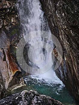 Detail of a waterfall between rocks in the High Tatras in Slovakia