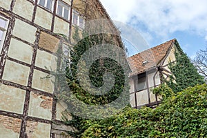 Detail of a weathered half-timbered gable in Quedlinburg