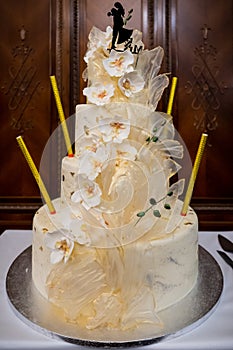 Detail from a Wedding cake. Dessert table for a party Candy bar. Rich thematic wedding candy bar, high variety of sweets