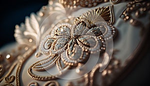 Detail of wedding dress with embroidery details. Close up.